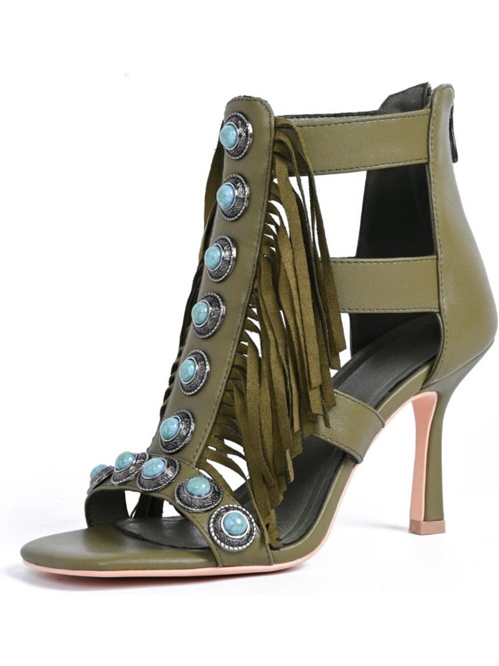 Stylish Faux Turquoise Fringe Gladiator Sandals with Stiletto Heel for Women